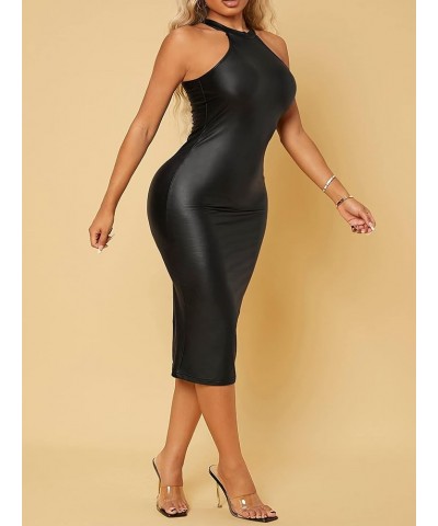 Women's Faux PU Leather Halter Sleeveless Midi Bodycon Pencil Dress Black $12.47 Dresses