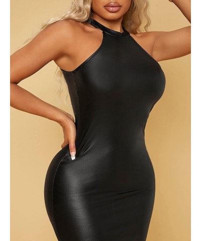 Women's Faux PU Leather Halter Sleeveless Midi Bodycon Pencil Dress Black $12.47 Dresses