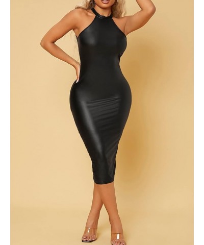 Women's Faux PU Leather Halter Sleeveless Midi Bodycon Pencil Dress Black $12.47 Dresses