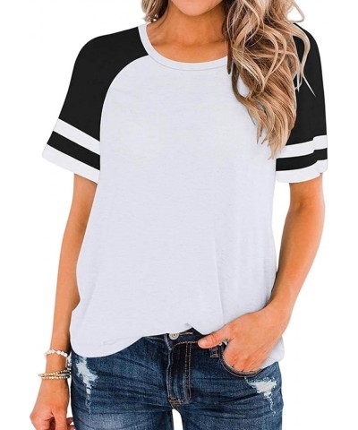 Womens Fall Color Block Long Sleeve Shirts Casual Plus Size Tops Round Neck Striped Raglan Sleeve T Shirts Tunic Tees Z03-whi...