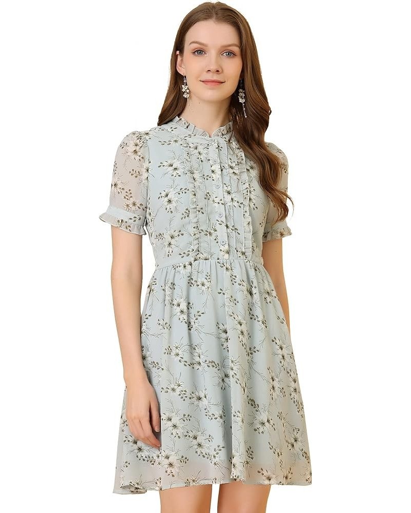 Women's Floral Ruffle Neck Half Placket Summer Chiffon Dress Light Blue $13.20 Dresses