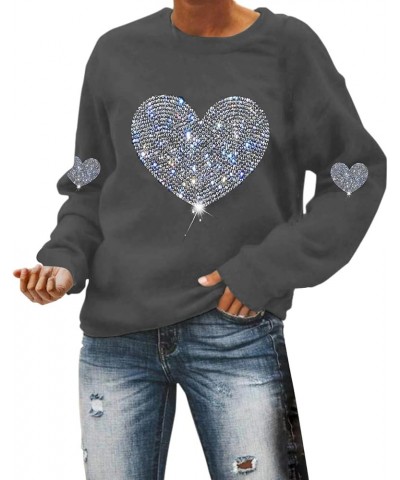 Women Long Sleeve Casual Shirts Fashionable Valentine's Day Funky Love Heart Prints Crew Neck Long Sleeve Tops Shirt Dark Gra...