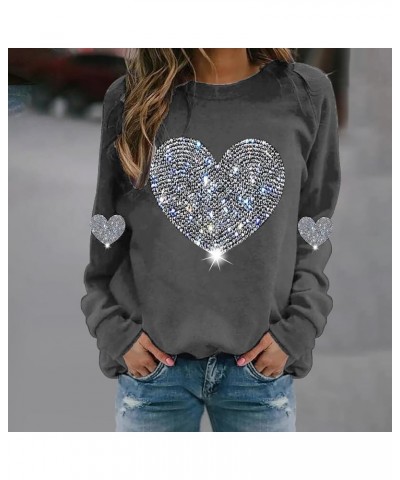 Women Long Sleeve Casual Shirts Fashionable Valentine's Day Funky Love Heart Prints Crew Neck Long Sleeve Tops Shirt Dark Gra...