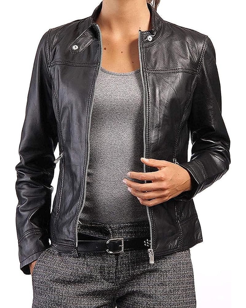 Women Motorcycle Lightweight Jacket, Cafe Racer Lambskin Women Leather Jacket, Slim fit real leather jacket women Genuine Bla...