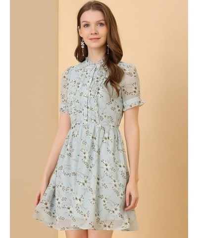 Women's Floral Ruffle Neck Half Placket Summer Chiffon Dress Light Blue $13.20 Dresses