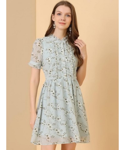 Women's Floral Ruffle Neck Half Placket Summer Chiffon Dress Light Blue $13.20 Dresses