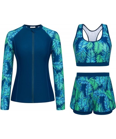 Women's 3 Piece Rash Guard Long Sleeve Swimsuits with Boyshorts Zip Up UPF 50+ Swim Shirt Built in Bra Peacock Blue-green Lea...