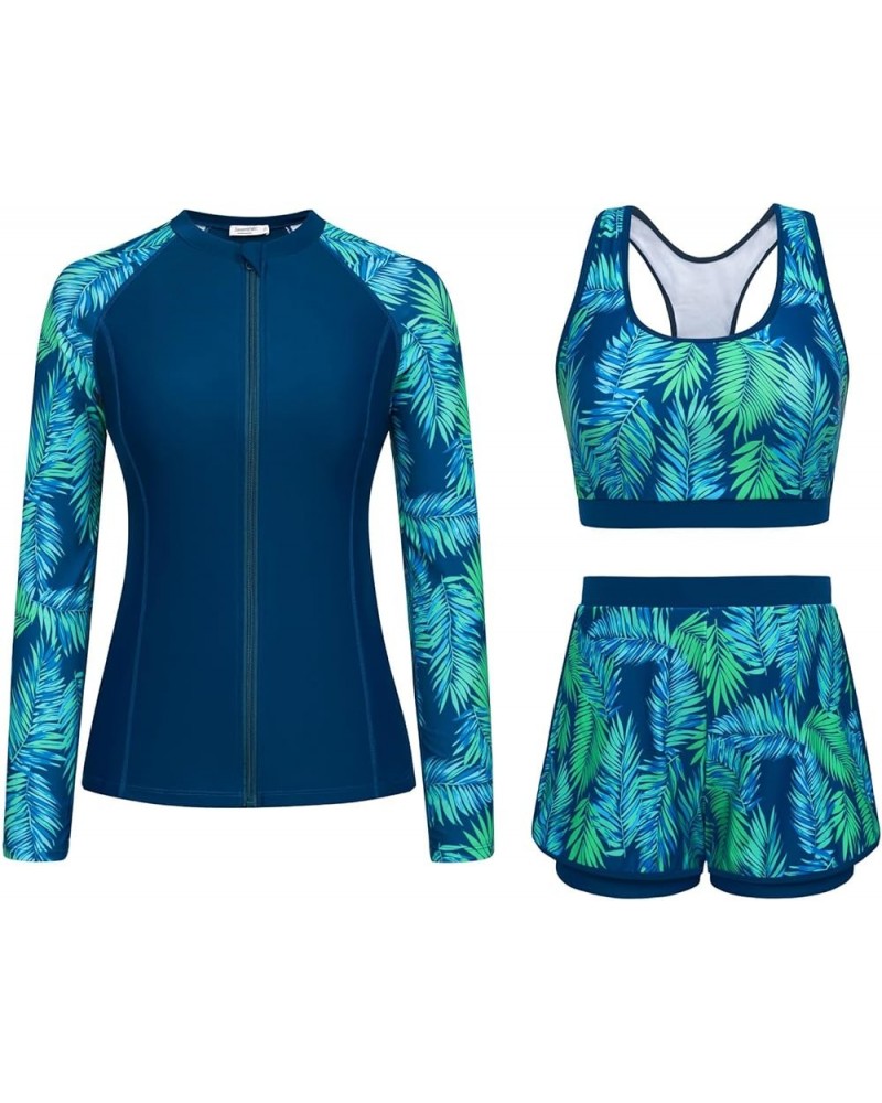 Women's 3 Piece Rash Guard Long Sleeve Swimsuits with Boyshorts Zip Up UPF 50+ Swim Shirt Built in Bra Peacock Blue-green Lea...