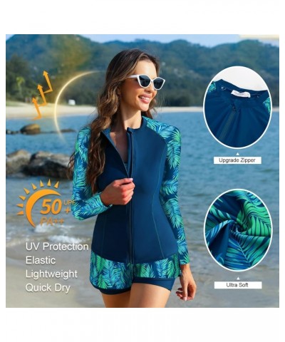 Women's 3 Piece Rash Guard Long Sleeve Swimsuits with Boyshorts Zip Up UPF 50+ Swim Shirt Built in Bra Peacock Blue-green Lea...