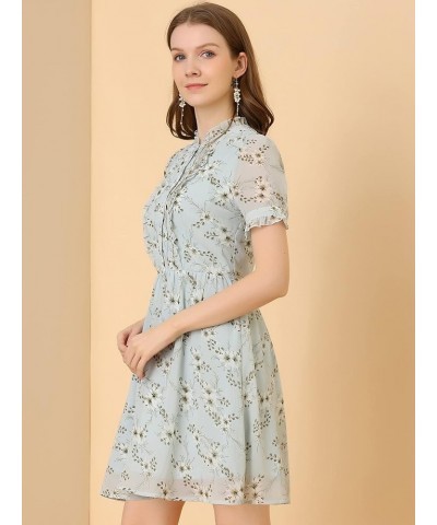 Women's Floral Ruffle Neck Half Placket Summer Chiffon Dress Light Blue $13.20 Dresses