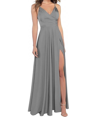 Long Bridesmaid Dresses for Women Formal Satin Spaghetti Strap Prom Evening Gowns RYZ054 Grey $28.70 Dresses