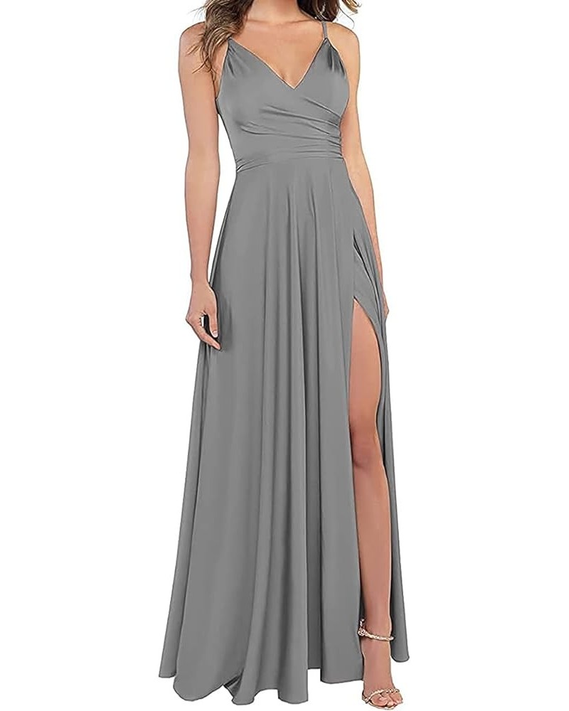 Long Bridesmaid Dresses for Women Formal Satin Spaghetti Strap Prom Evening Gowns RYZ054 Grey $28.70 Dresses