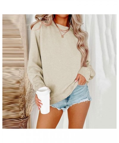 Womens Casual Crewneck Sweatshirts Fall Long Sleeve Pullover Drop Shoulder Ribbed Cuffs Hem Oversized Sweatshirt A-beige $8.3...