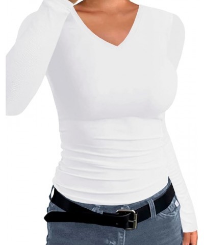 V Neck T Shirts for Women Long Sleeve Casual Ribbed Slim Fitted Tops White $11.76 T-Shirts