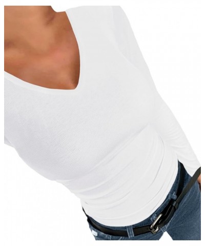 V Neck T Shirts for Women Long Sleeve Casual Ribbed Slim Fitted Tops White $11.76 T-Shirts