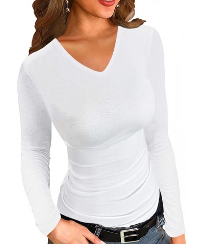 V Neck T Shirts for Women Long Sleeve Casual Ribbed Slim Fitted Tops White $11.76 T-Shirts