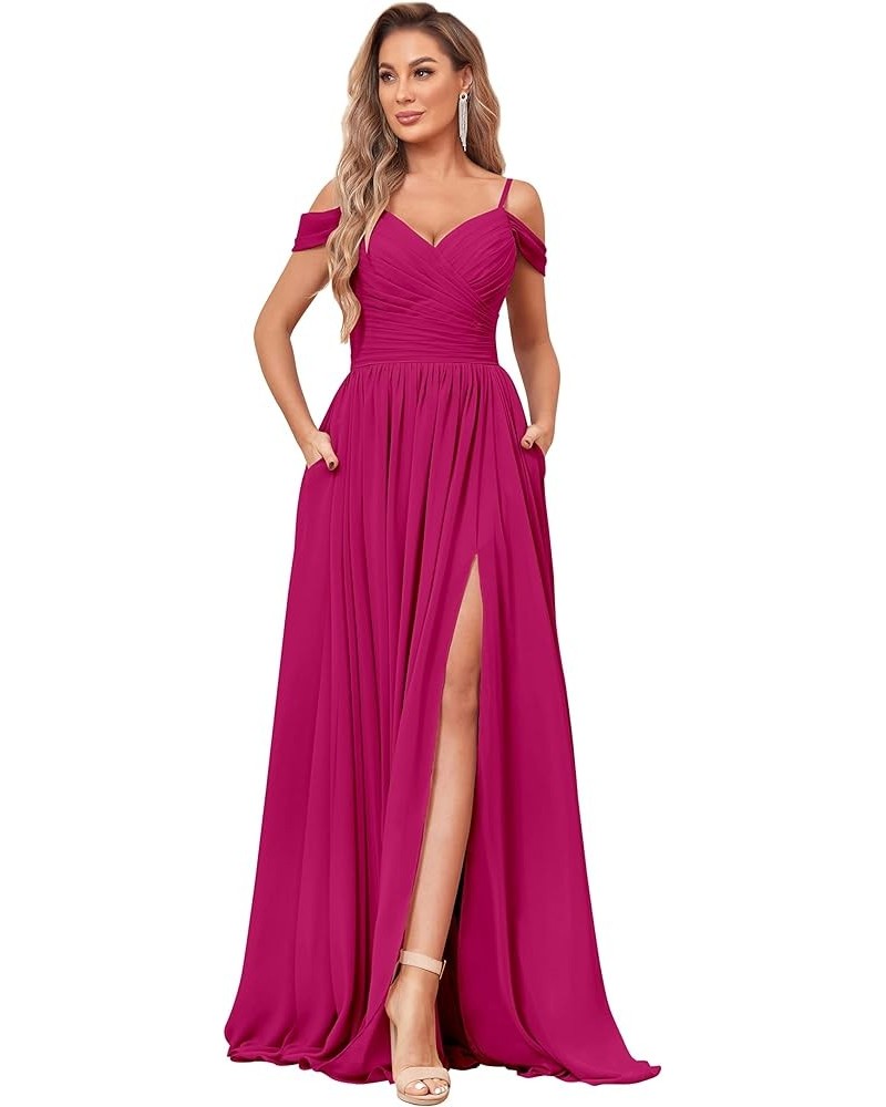 Off The Shoulder Bridesmaid Dresses with Pockets Ruched Chiffon Long Slit Formal Evening Gown Fuchsia $30.00 Dresses