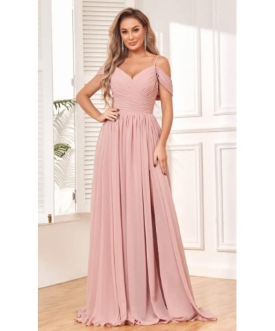 Off The Shoulder Bridesmaid Dresses with Pockets Ruched Chiffon Long Slit Formal Evening Gown Fuchsia $30.00 Dresses