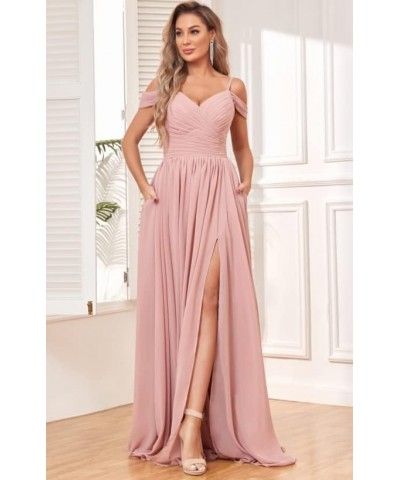 Off The Shoulder Bridesmaid Dresses with Pockets Ruched Chiffon Long Slit Formal Evening Gown Fuchsia $30.00 Dresses