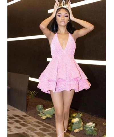 Women's Layered Sequin Homecoming Dress Short Sparkly Halter Cocktail Formal Party Gowns for Teens Rose Gold $22.55 Dresses