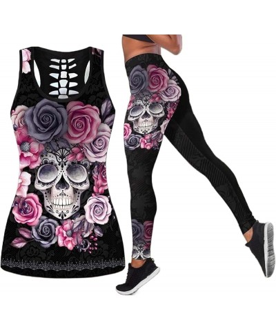 Women's Sugar Skull Yoga Outfits for Women 2 Piece Sets, Sleeveless Tank Tops Leggings Workout Activewear for Girls Black-1 $...