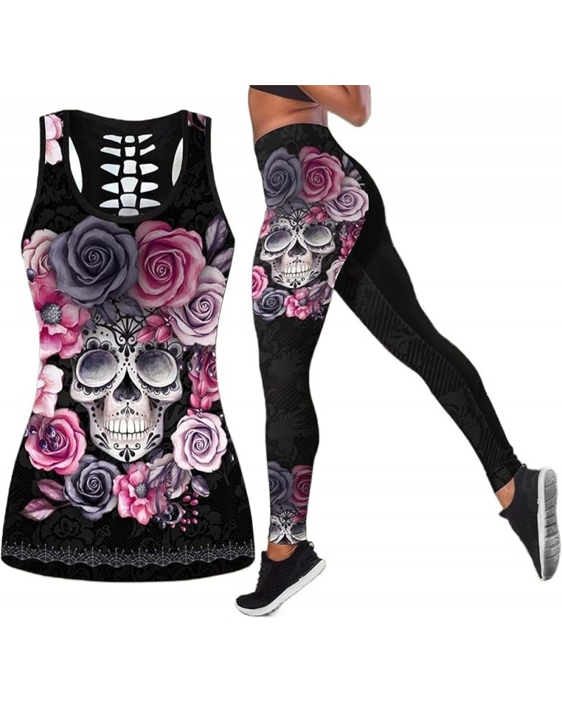 Women's Sugar Skull Yoga Outfits for Women 2 Piece Sets, Sleeveless Tank Tops Leggings Workout Activewear for Girls Black-1 $...