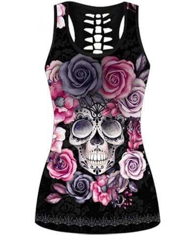 Women's Sugar Skull Yoga Outfits for Women 2 Piece Sets, Sleeveless Tank Tops Leggings Workout Activewear for Girls Black-1 $...