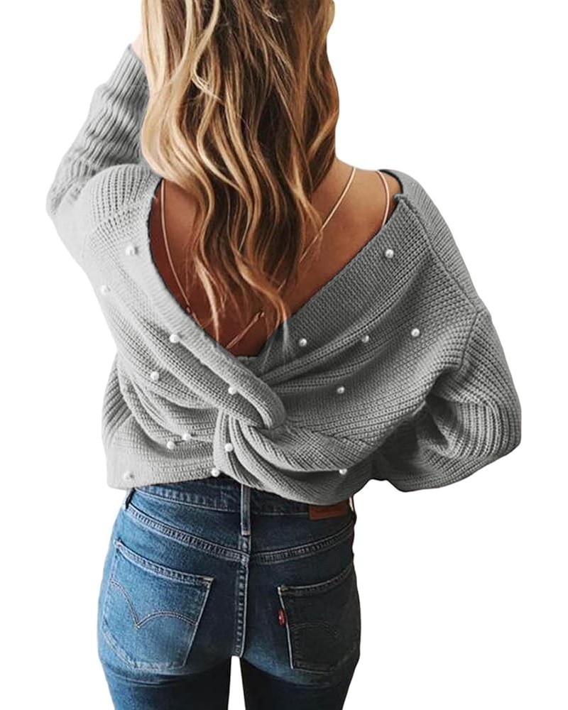 Women's Casual V Neck Criss Cross Backless Long Batwing Sleeve Loose Knitted Sweater Pullovers B-pearl Light Grey-13643 $18.4...