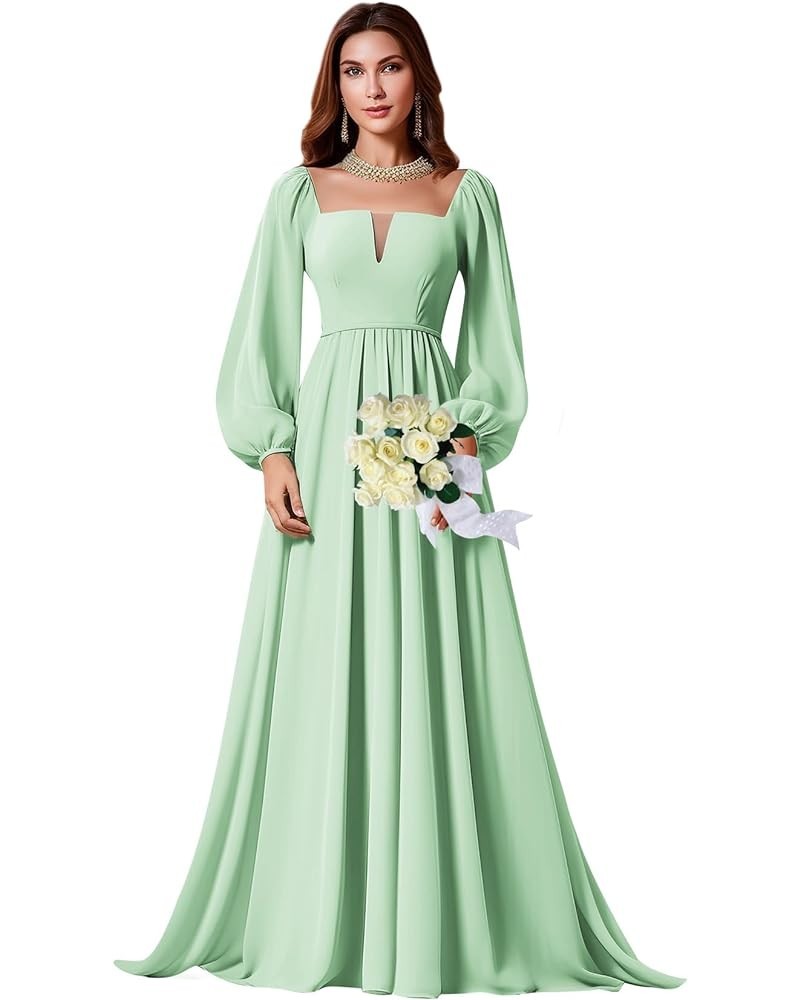 Long Sleeve Bridesmaid Dress for Women A-Line Chiffon Square Neck Formal Party Gown with Pockets Mint Green $23.65 Dresses