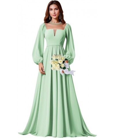 Long Sleeve Bridesmaid Dress for Women A-Line Chiffon Square Neck Formal Party Gown with Pockets Mint Green $23.65 Dresses