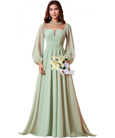 Long Sleeve Bridesmaid Dress for Women A-Line Chiffon Square Neck Formal Party Gown with Pockets Mint Green $23.65 Dresses