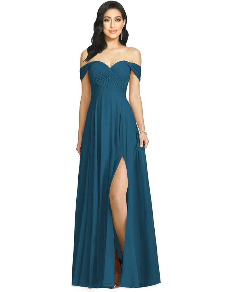 Off Shoulder Bridesmaid Dresses for Women Long Pleat Chiffon Aline Formal Party Dress with Slit LOY103 Teal Blue $26.10 Dresses