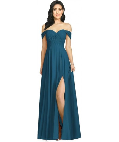 Off Shoulder Bridesmaid Dresses for Women Long Pleat Chiffon Aline Formal Party Dress with Slit LOY103 Teal Blue $26.10 Dresses