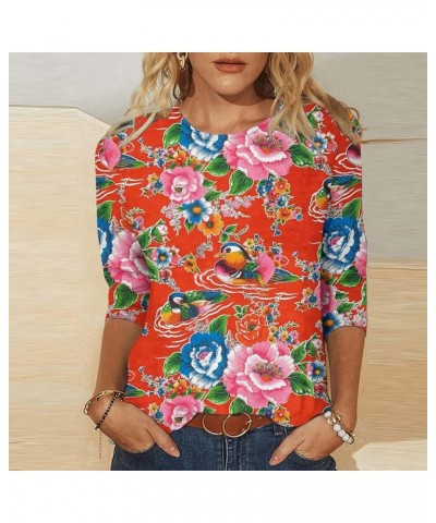 Plus Size Vintage Printed Shirts 3/4 Sleeve Tops for Women Casual Retro Loose Tees Fall Camping Play Clothes A3-red $6.71 Tanks