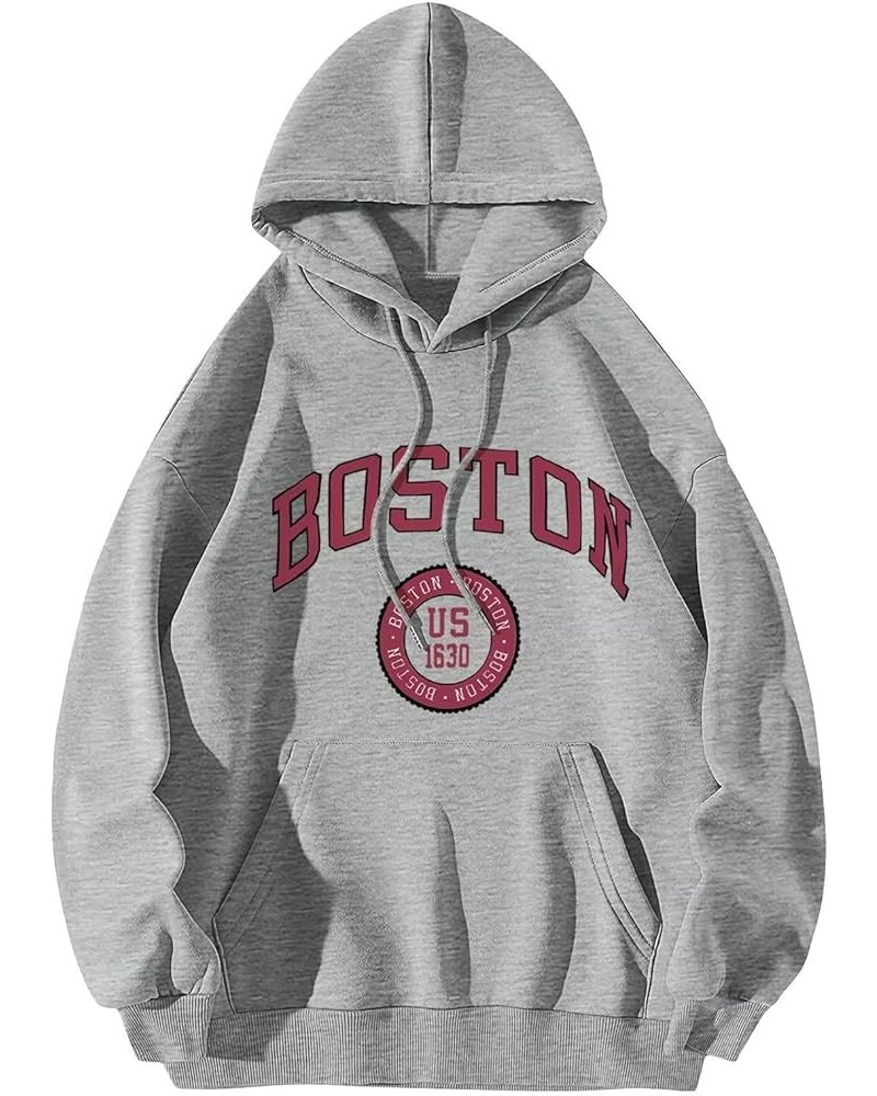 Letter Graphic Print Hoodies for Women Oversized Long Sleeve Casual Drawstring Fall Pullover Sweatshirt Tops N Boston Grey $1...