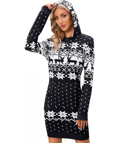 Women's Pullover Hooded Kangaroo Pocket Sweatshirt Casual Hoodie Dress Snowflakes&black $11.90 Hoodies & Sweatshirts