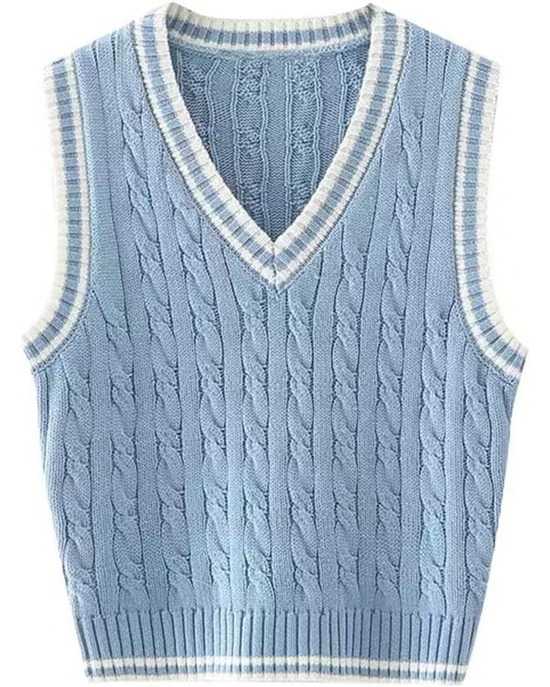 Womens V Neck Sweater Vest School Uniform Vest Striped Cable Knit Sleeveless Sweater Tops C Blue $13.33 Sweaters