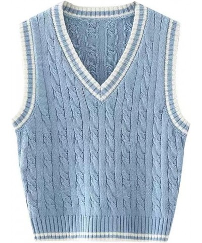 Womens V Neck Sweater Vest School Uniform Vest Striped Cable Knit Sleeveless Sweater Tops C Blue $13.33 Sweaters