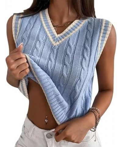 Womens V Neck Sweater Vest School Uniform Vest Striped Cable Knit Sleeveless Sweater Tops C Blue $13.33 Sweaters