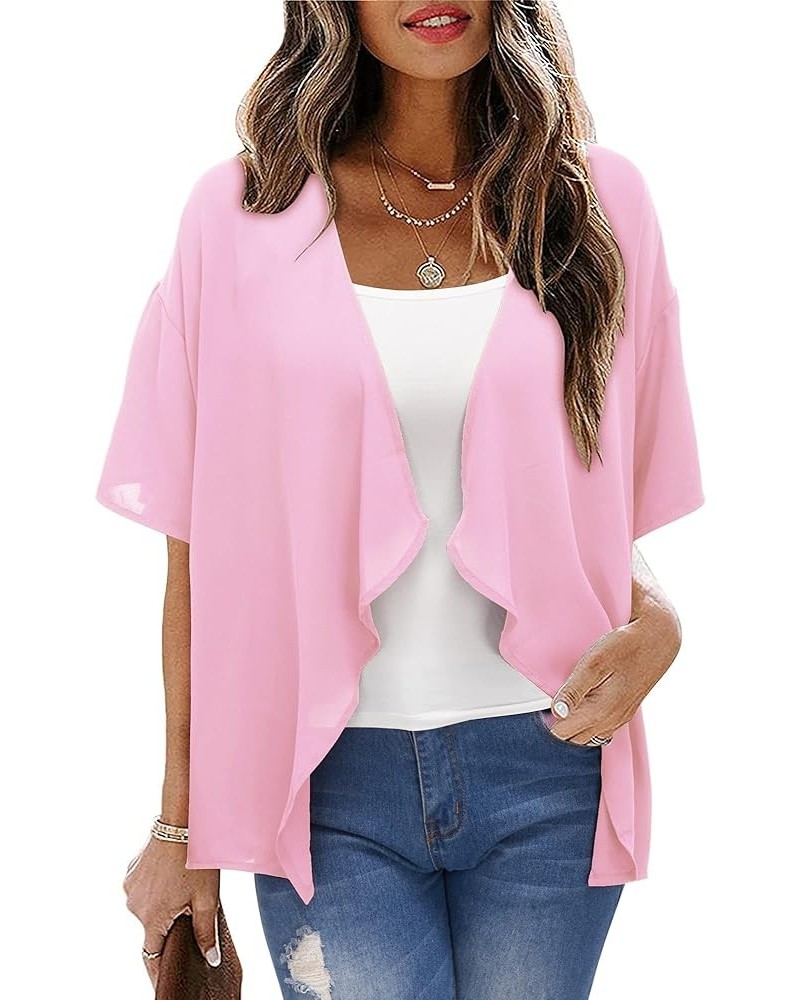 Women's Summer Kimono Cardigan Short Sleeve Lightweight Sheer Cover Up Shrug Open Front Pink $11.59 Swimsuits