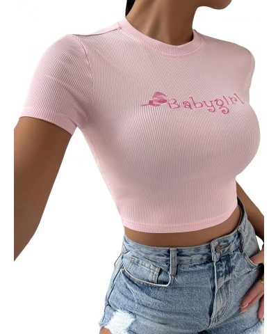 Women's Summer Crop Top Short Sleeve T Shirt Cut Out Tee Pink Letter Embroidery $13.49 T-Shirts