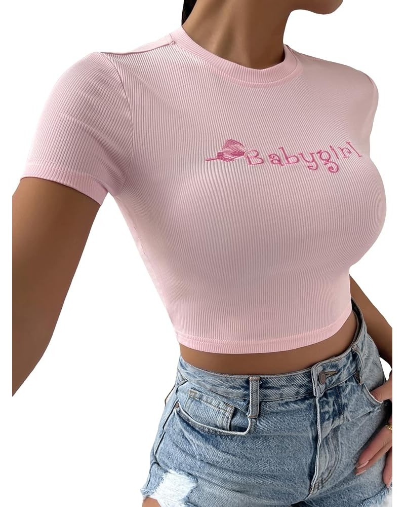 Women's Summer Crop Top Short Sleeve T Shirt Cut Out Tee Pink Letter Embroidery $13.49 T-Shirts