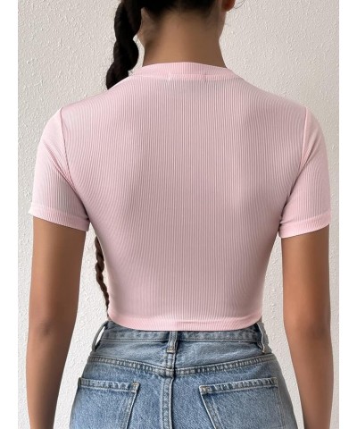 Women's Summer Crop Top Short Sleeve T Shirt Cut Out Tee Pink Letter Embroidery $13.49 T-Shirts