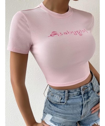 Women's Summer Crop Top Short Sleeve T Shirt Cut Out Tee Pink Letter Embroidery $13.49 T-Shirts