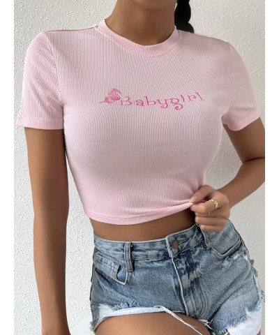 Women's Summer Crop Top Short Sleeve T Shirt Cut Out Tee Pink Letter Embroidery $13.49 T-Shirts