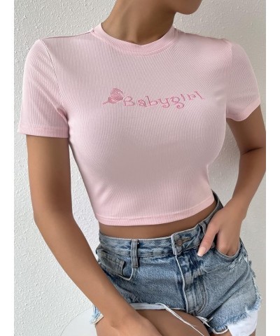 Women's Summer Crop Top Short Sleeve T Shirt Cut Out Tee Pink Letter Embroidery $13.49 T-Shirts