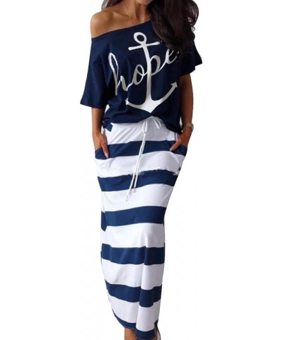 Women's Anchor Printed Off Shoulder Short Sleeve Loose Shirt Tops Striped Dress 2 Pieces Sets Blue2-dress Set $15.48 Suits