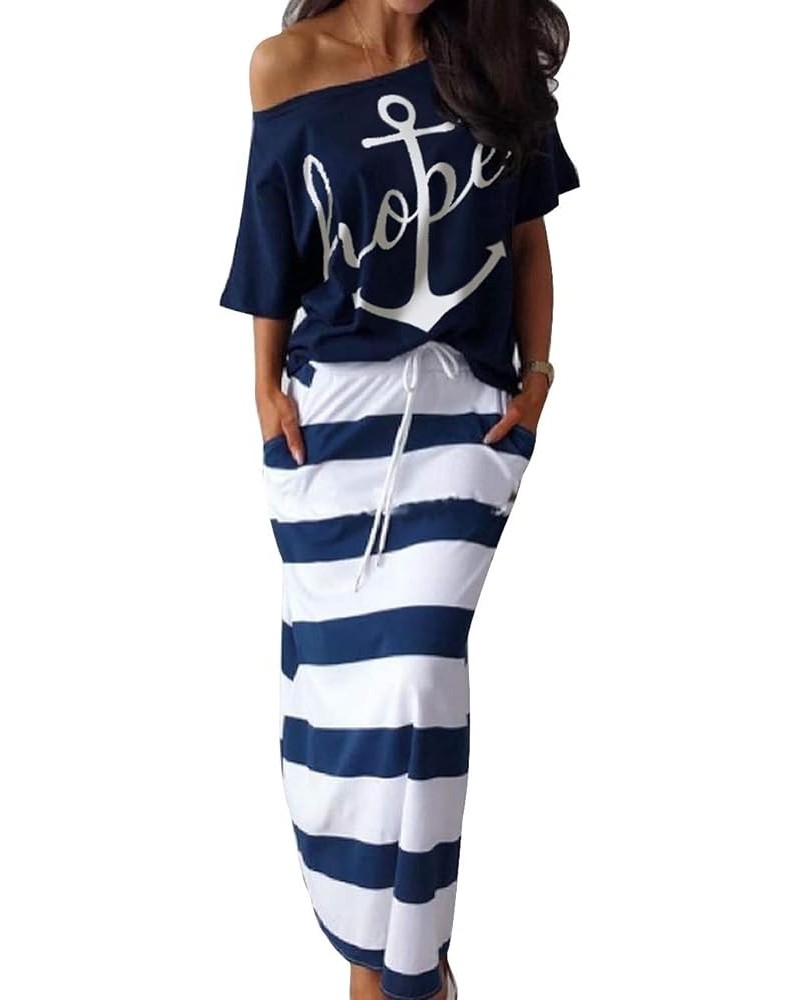 Women's Anchor Printed Off Shoulder Short Sleeve Loose Shirt Tops Striped Dress 2 Pieces Sets Blue2-dress Set $15.48 Suits