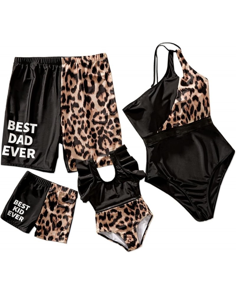 Family Matching Swimsuits Mommy and Me One Shoulder Cutout Colorblock Bathing Suits One Piece Swimwear Sets Girl Black&leopar...