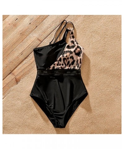 Family Matching Swimsuits Mommy and Me One Shoulder Cutout Colorblock Bathing Suits One Piece Swimwear Sets Girl Black&leopar...